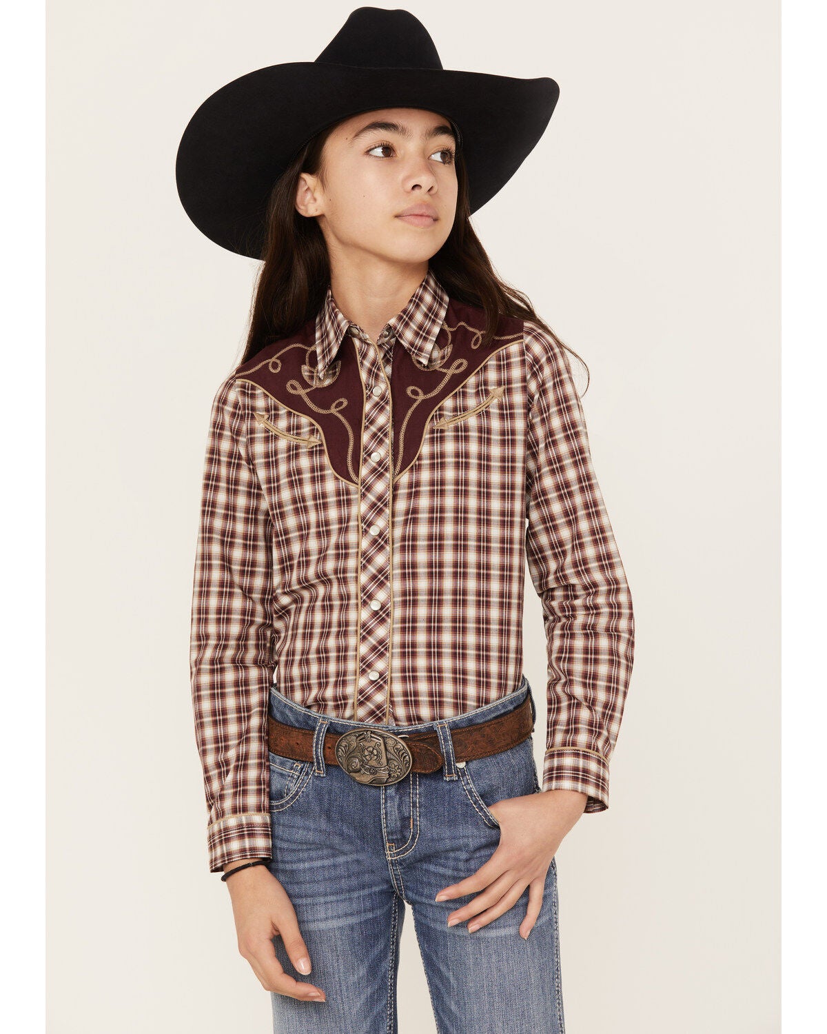 Roper Girls' Plaid Print Long Sleeve Pearl Snap Western Shirt, White, hi-res