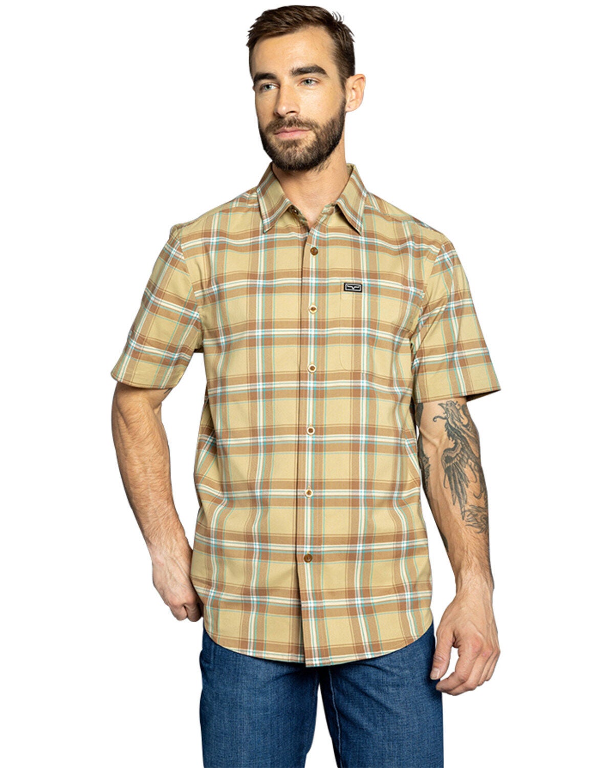 Kimes Ranch Men's 4 Stroke Plaid Print Short Sleeve Button-Down Shirt, Tan, hi-res