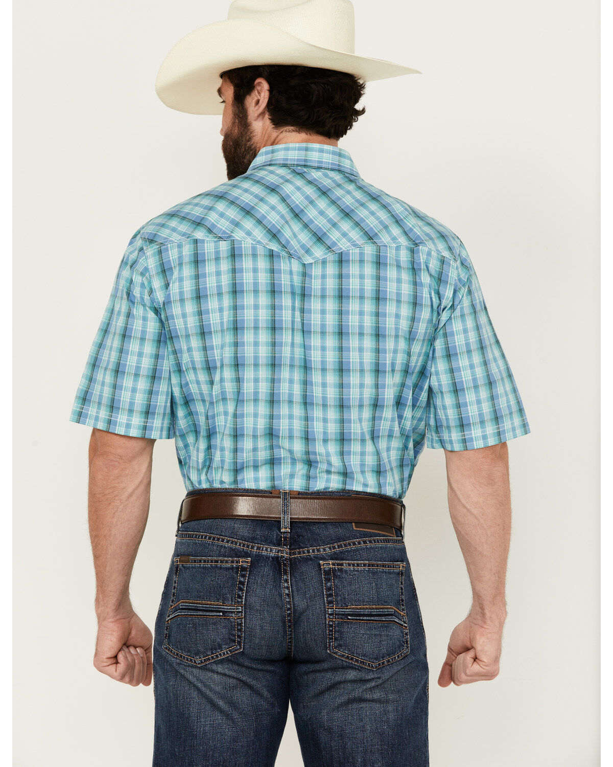 Image #4 - Wrangler 20X Men's Plaid Print Short Sleeve Snap Stretch Western Shirt - Tall, Blue, hi-res