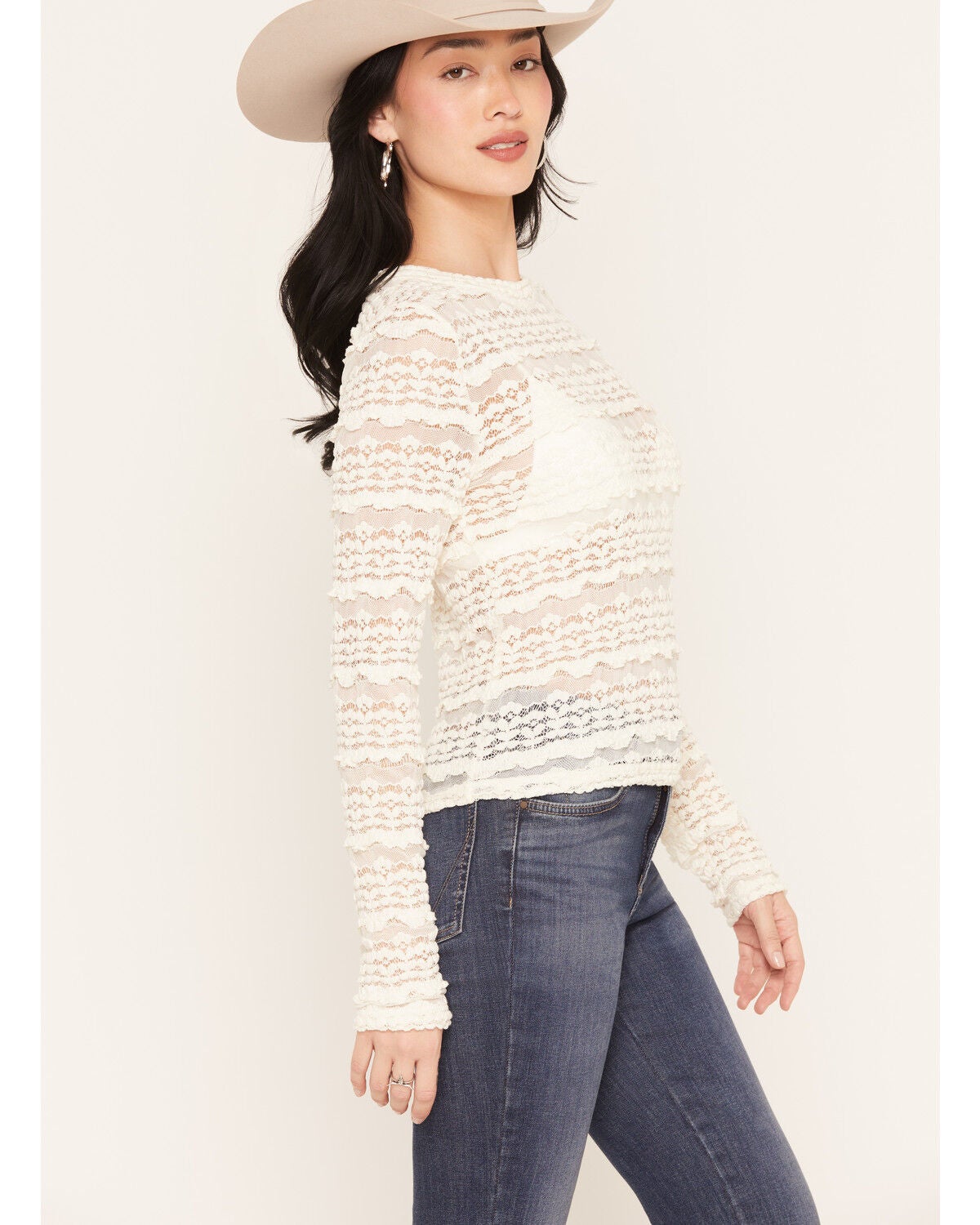 Image #2 - Rock & Roll Denim Women's Lace Ruffle Long Sleeve Top, Cream, hi-res