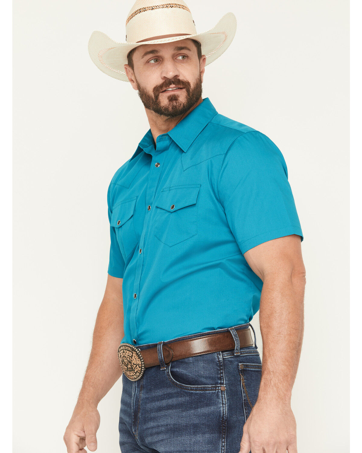 Image #3 - Gibson Trading Co Men's Solid Short Sleeve Snap Stretch Western Shirt, Teal, hi-res
