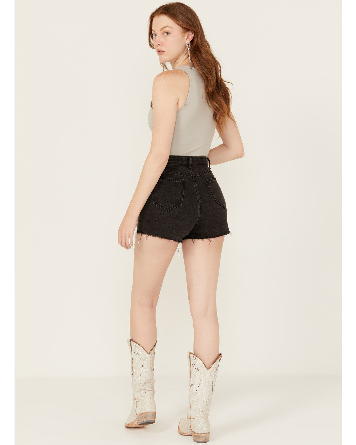 Image #4 - Blue B Women's High Rise Pocket Rhinestone Fringe Denim Shorts, Charcoal, hi-res