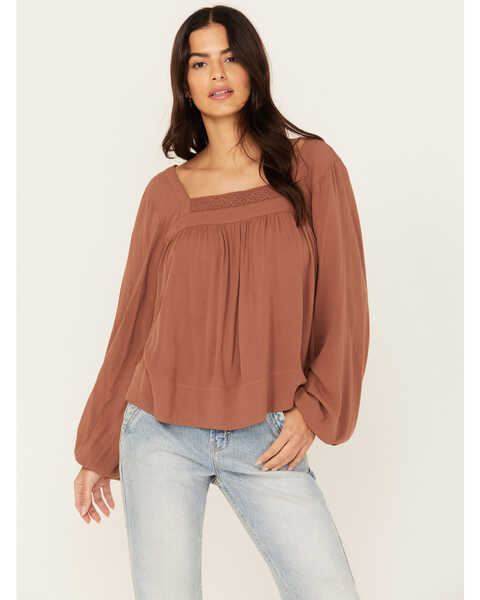 Cleo + Wolf Women's Long Sleeve Flowy Blouse , Coffee, hi-res
