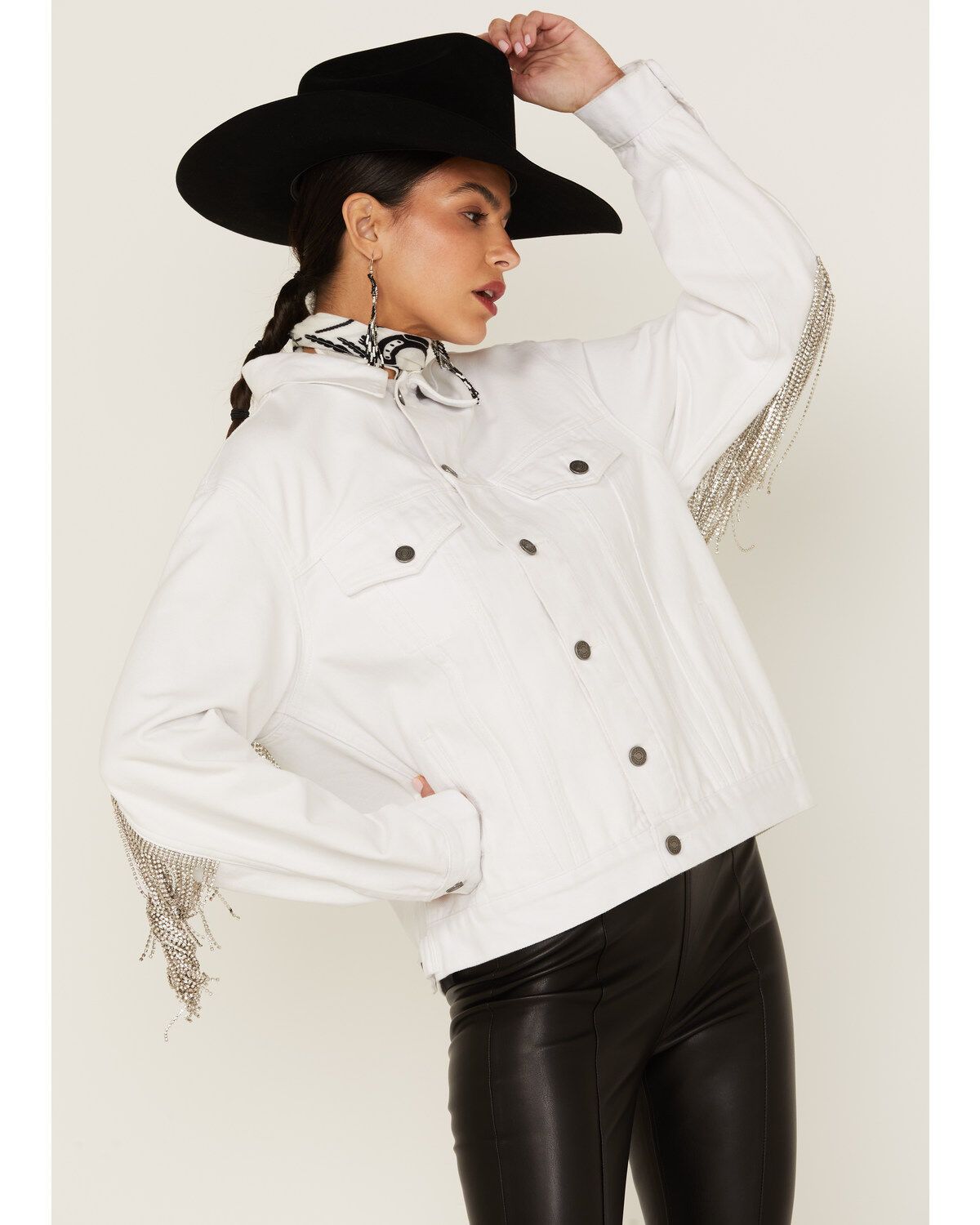 Image #3 - The Billy Jacket by DanielXDiamond: Women's White Denim Jacket With Silver Fringe, , hi-res