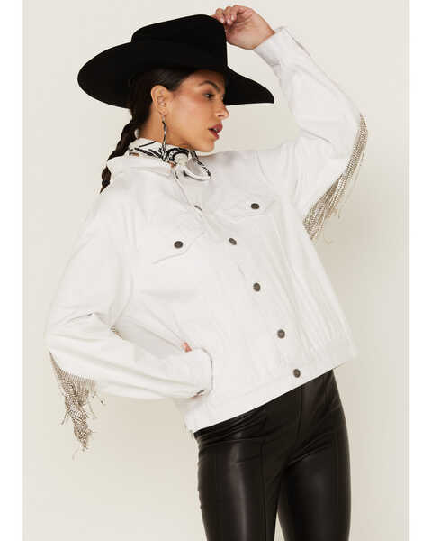 Image #3 - The Billy Jacket by DanielXDiamond: Women's White Denim Jacket With Silver Fringe , White, hi-res