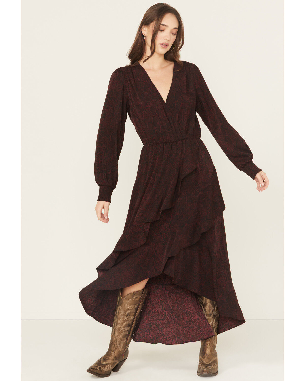 Image #1 - Ariat Women's Arizona Long Sleeve High-Low Dress, Wine, hi-res