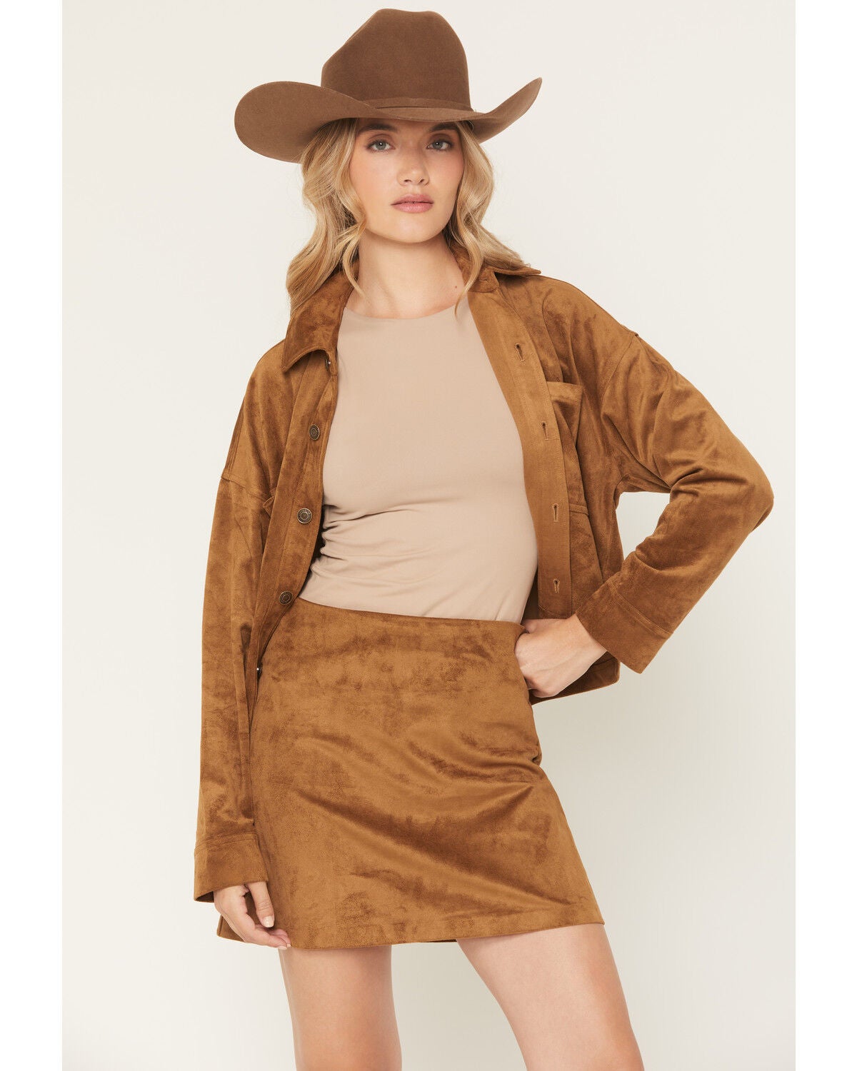 White Crow Women's All Day Faux Suede Cropped Button-Down Shirt, Brown, hi-res