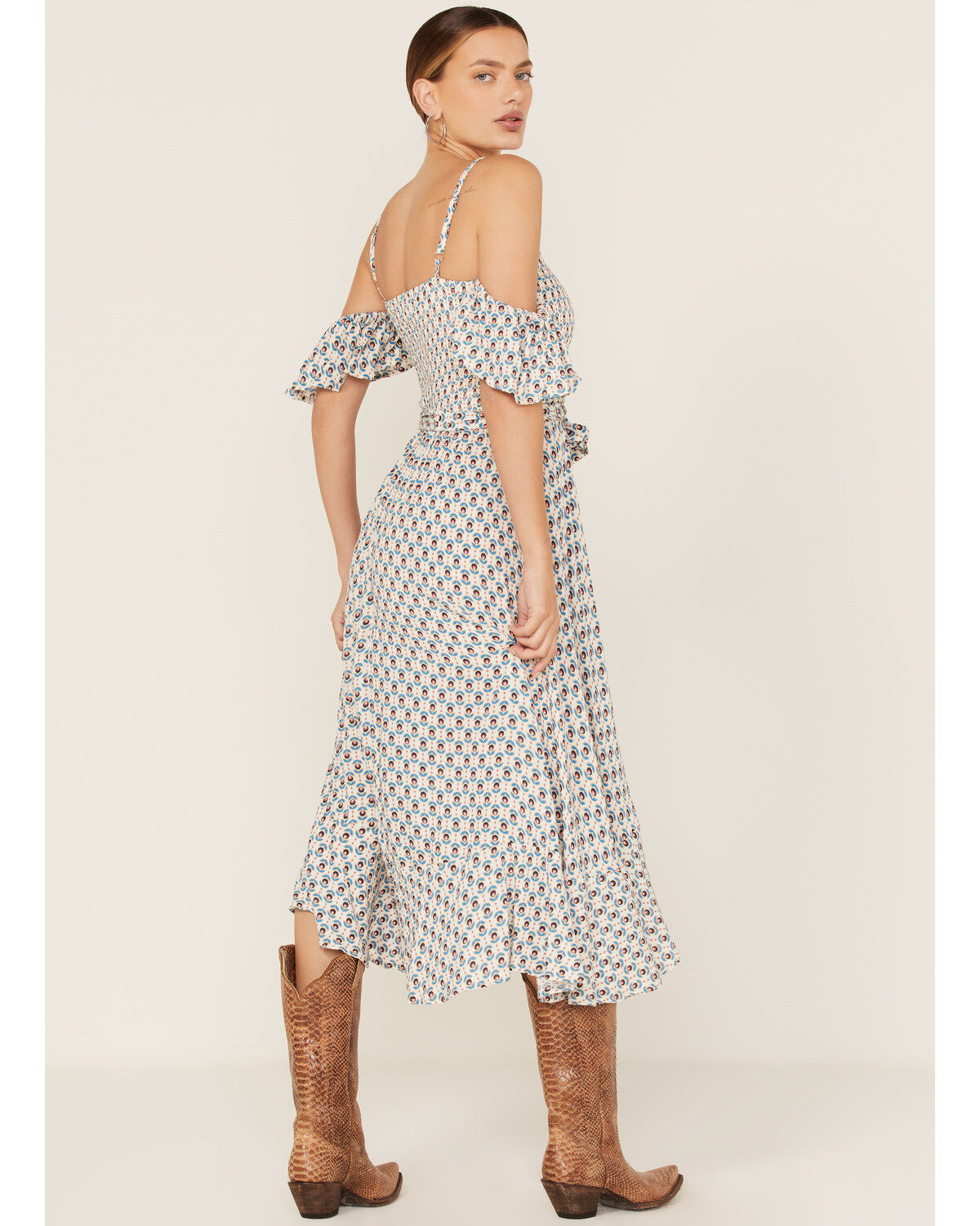 Image #4 - Band of the Free Women's Prism Geo Print Off Shoulder Smocked Wrap Midi Dress, Blue, hi-res