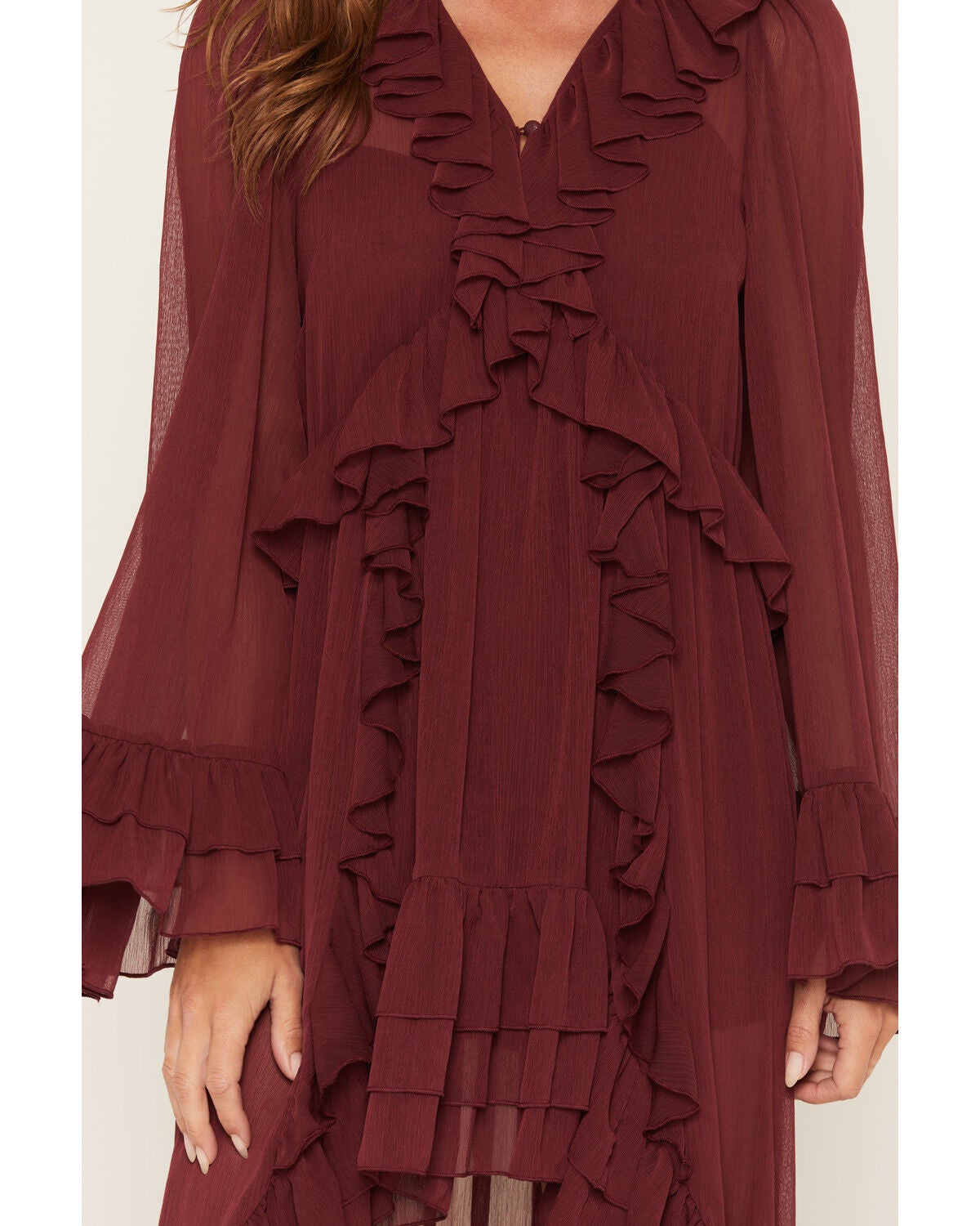 Image #3 - Show Me Your Mumu Women's Shiloh Long Sleeve Ruffle High-Low Maxi Dress, Burgundy, hi-res