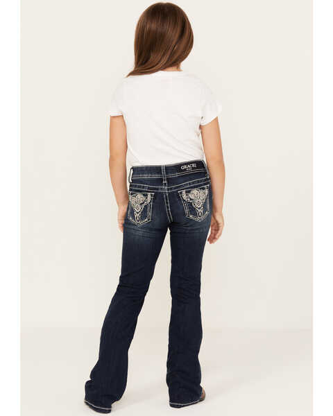 Grace in LA Girls' Medium Wash Steer Head Rose Sequin Embroidered Bootcut Jeans, Blue, hi-res