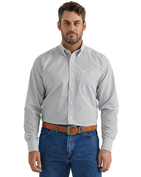 Wrangler Men's Geo Print Long Sleeve Button-Down Western Shirt, White, hi-res