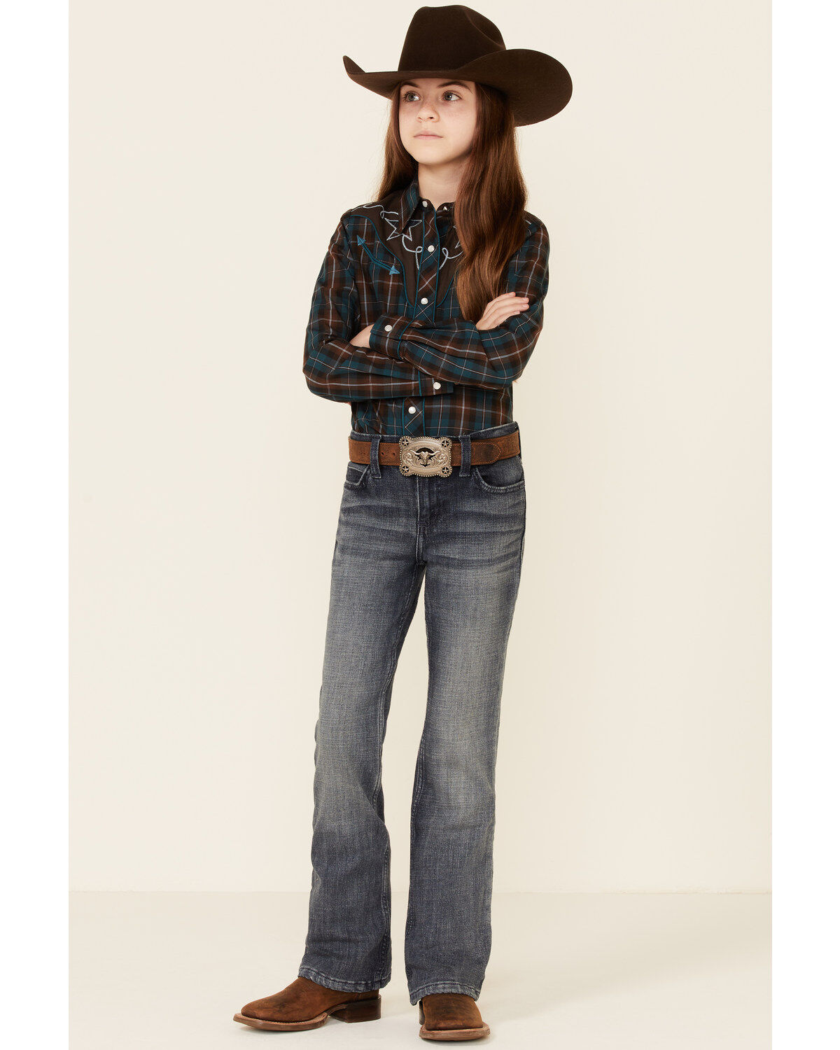Image #2 - Roper Girls' Windowpane Plaid Print Fancy Yoke Long Sleeve Pearl Snap Western Shirt, Brown, hi-res