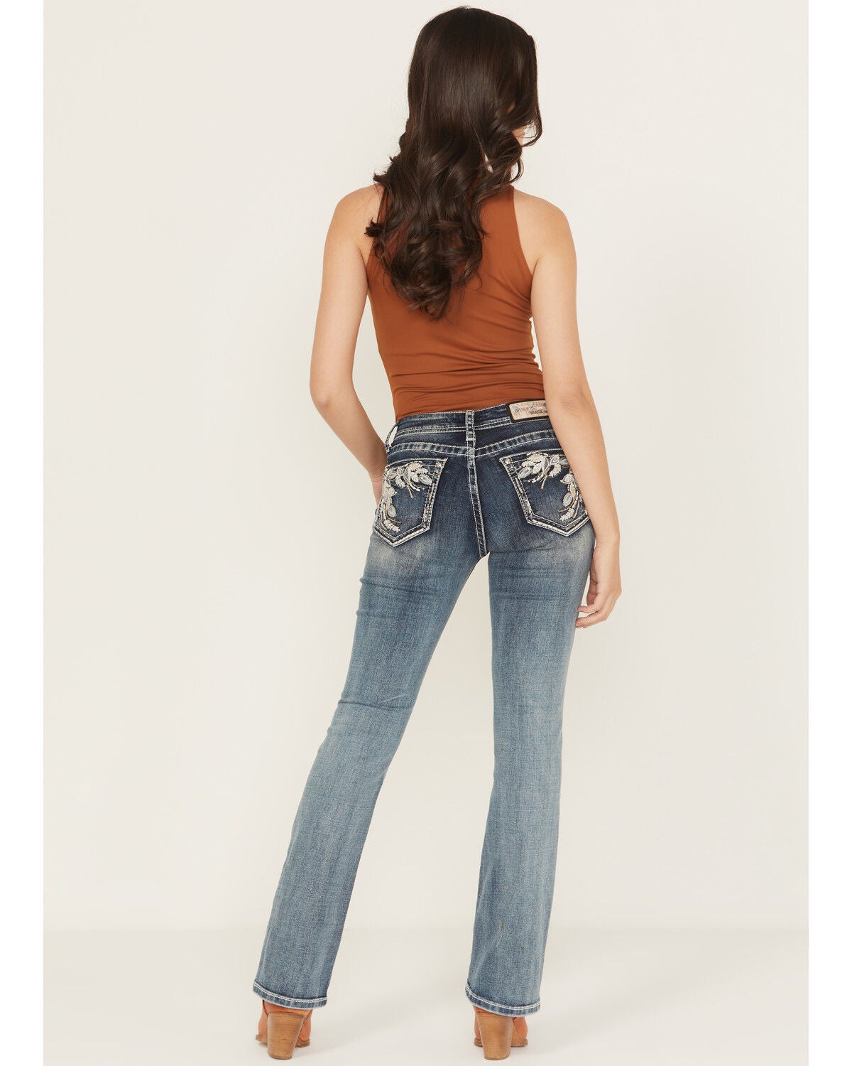 Grace in LA Women's Medium Wash Floral Embroidered Mid Rise Bootcut Stretch Denim Jeans, Medium Wash, hi-res