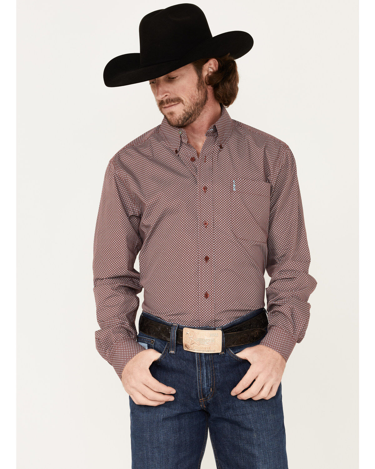 Image #1 - Cinch Men's Modern Fit Geo Print Button-Down Western Shirt, Burgundy, hi-res