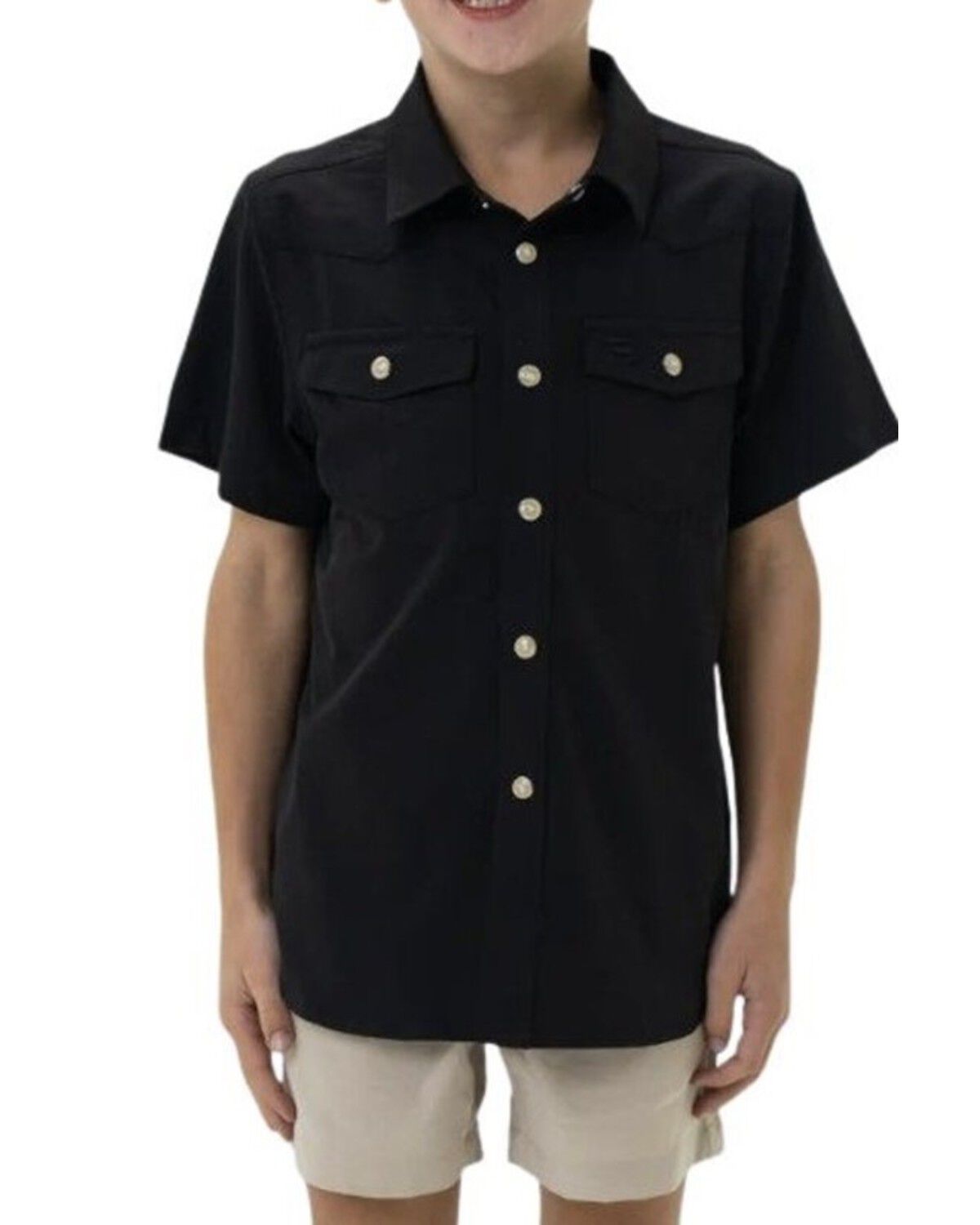 Image #1 - Burlebo Boys' Solid Short Sleeve Button-Down Stretch Performance Western Shirt, Black, hi-res
