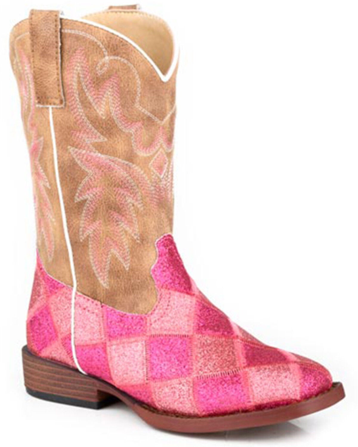 Roper Little Girls' Glitter Blocks Western Boots - Broad Square Toe, Pink, hi-res