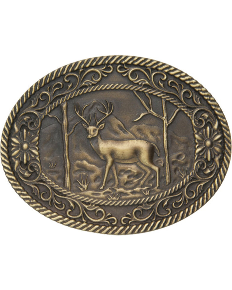 AndWest Men's White Tail Deer with Scrolls Belt Buckle, Brass, hi-res