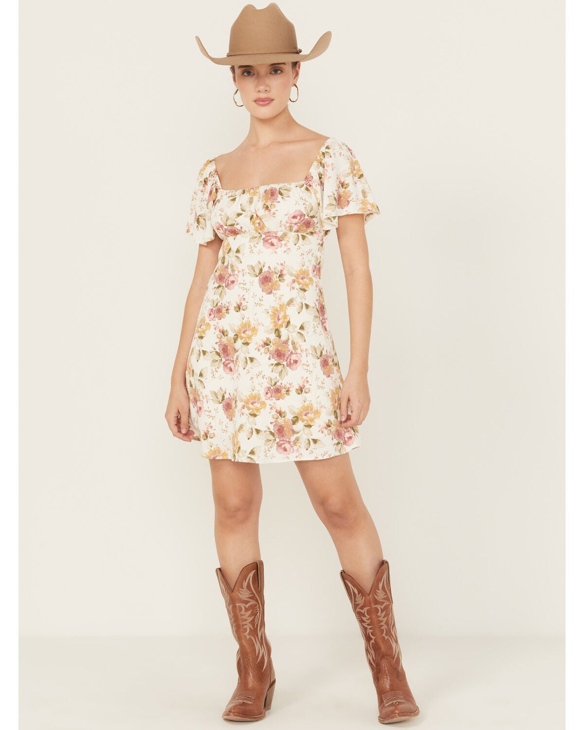 Originality Women's Boot Barn Exclusive Emma Floral Print Mini Dress, Ivory, hi-res