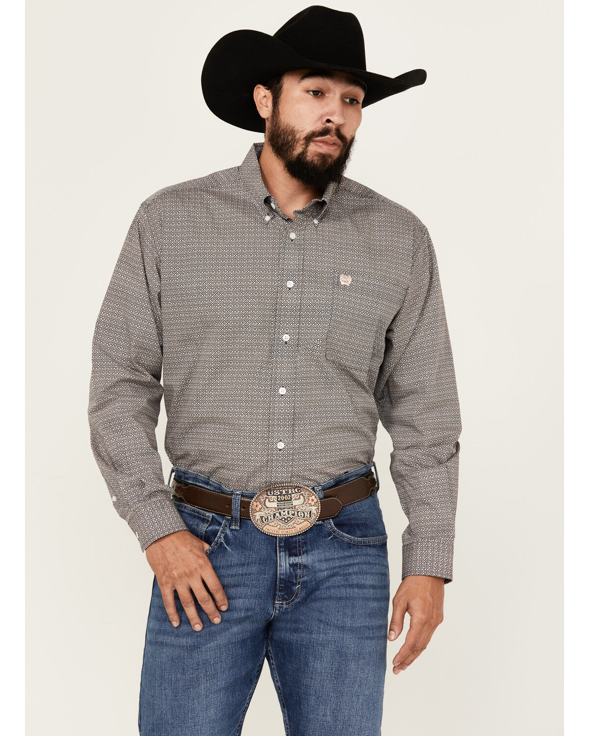 Image #1 - Cinch Men's Geo Print Long Sleeve Button-Down Western Shirt, Peach, hi-res
