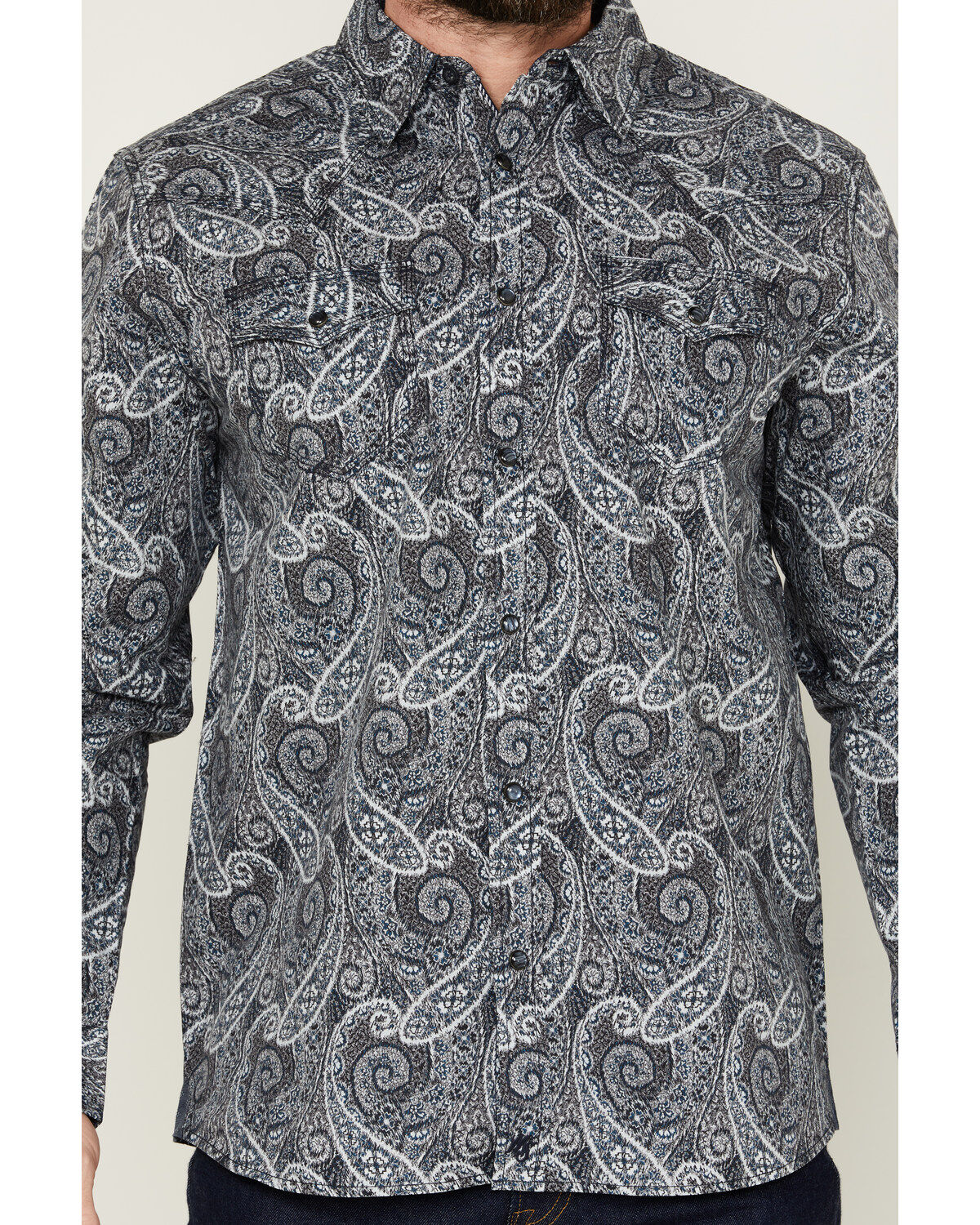 Image #3 - Moonshine Spirit Men's Crossing Paisley Print Long Sleeve Pearl Snap Western Shirt, Navy, hi-res