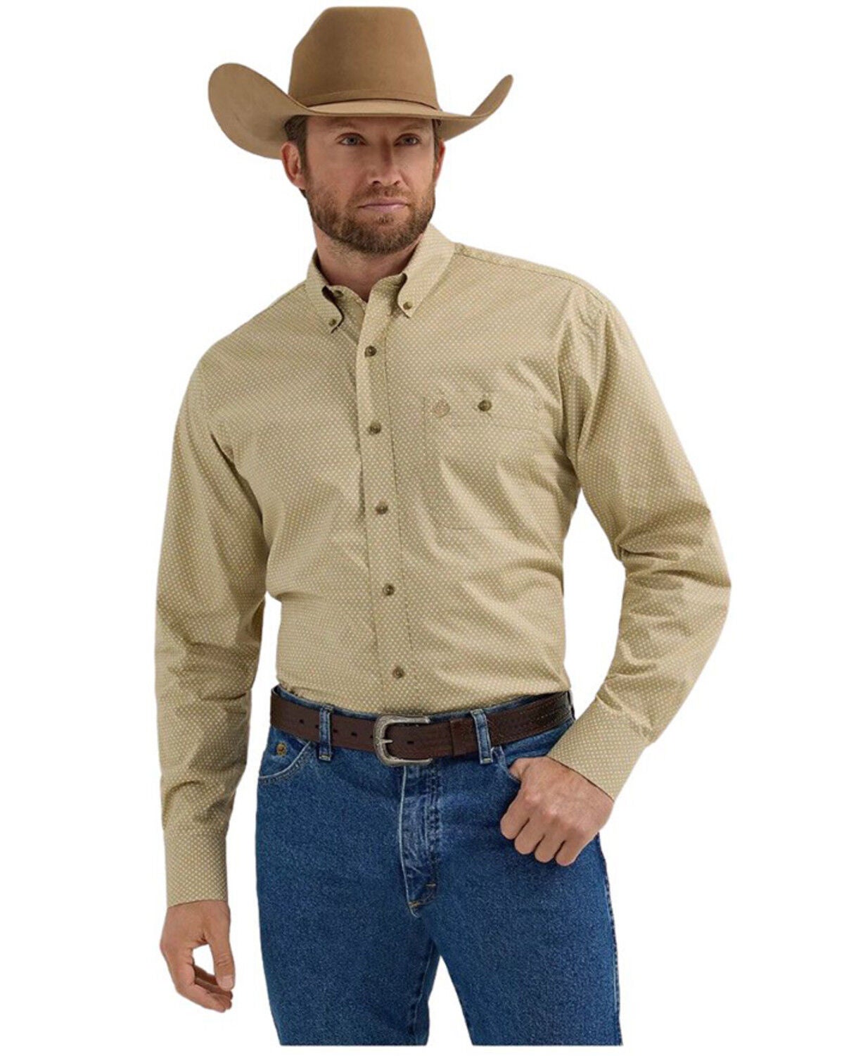 George Strait by Wrangler Men's Printed Long Sleeve Button-Down Stretch Western Shirt, Tan, hi-res