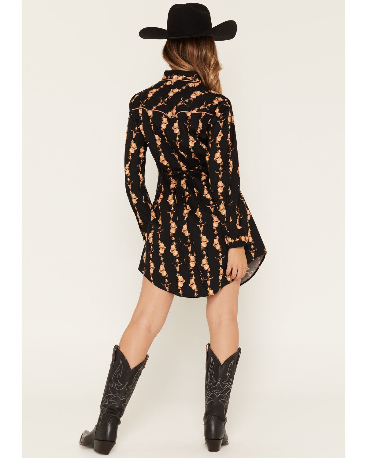 Image #4 - Ely & Walker Women's Boot Barn Exclusive Floral Striped Long Sleeve Snap Midi Dress, Black, hi-res