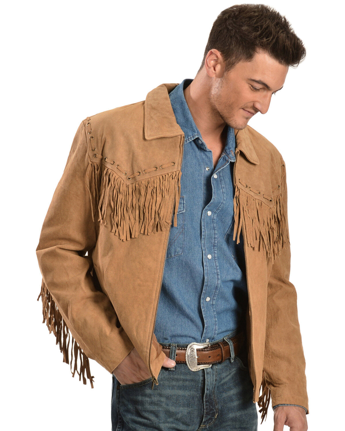 Mens Western Suede Leather Jacket with Tassels and Fringe Cowboy Leather Jacket
