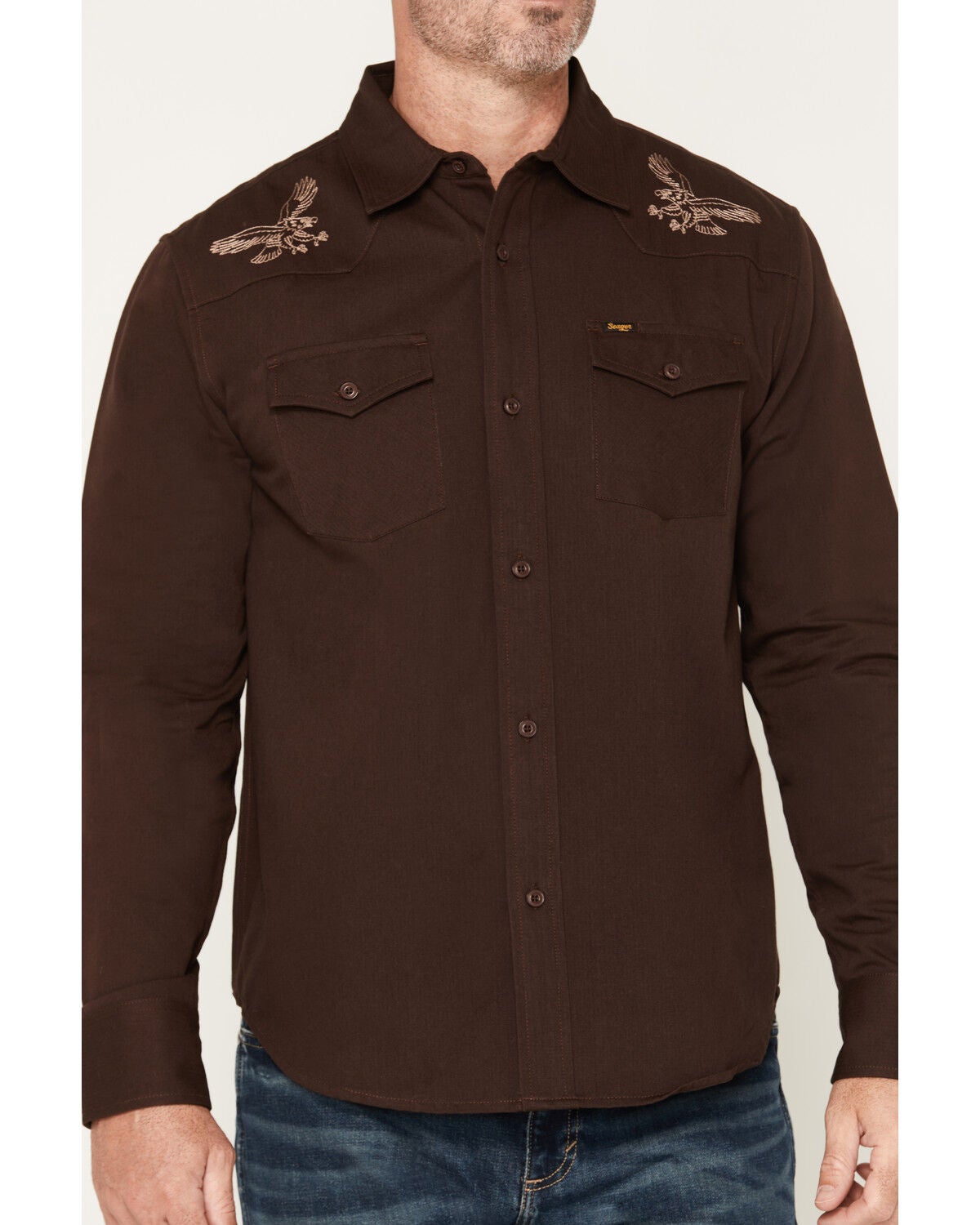 Image #3 - Seager Men's Ortega Eagle Embroidered Solid Long Sleeve Button-Down Western Shirt, Brown, hi-res