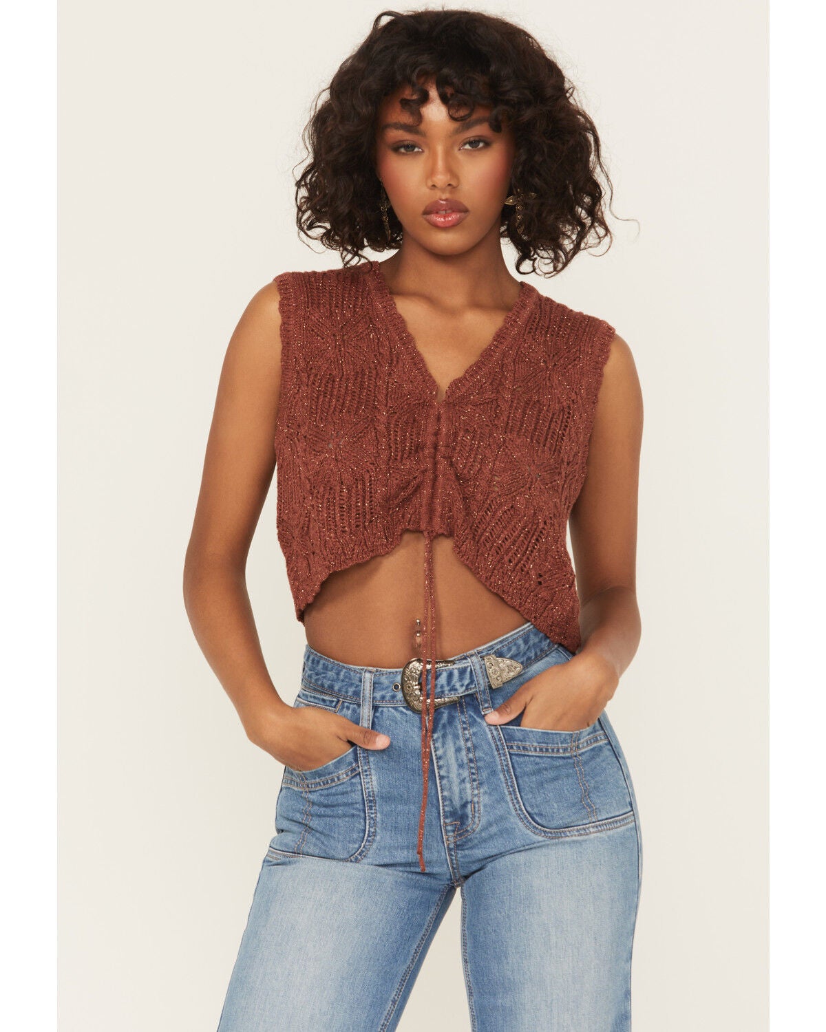 Shyanne Women's Metallic Cinch-Front Sweater Tank, Mahogany, hi-res