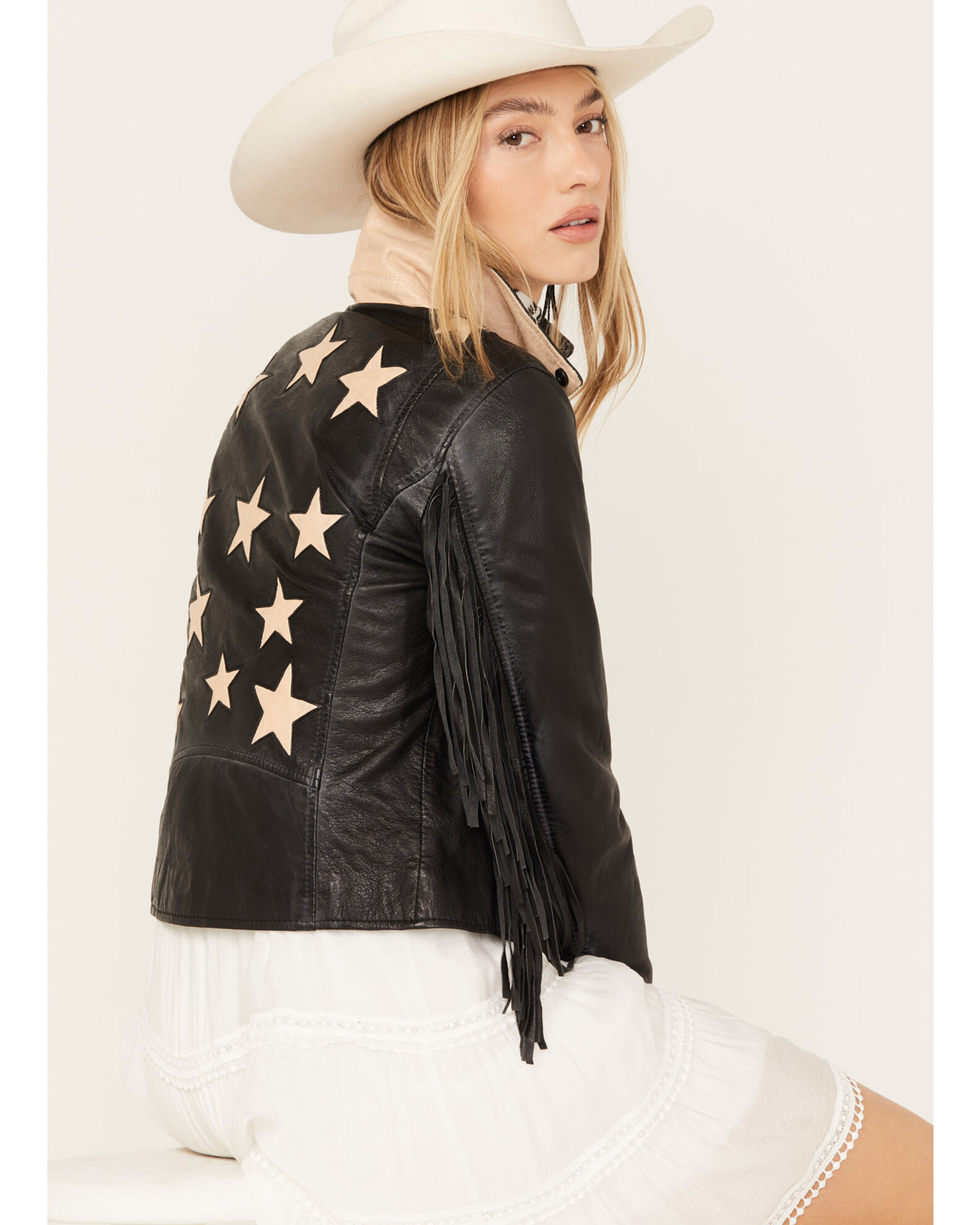 Image #2 - Mauritius Leather Women's Crissy Star and Fringe Detail Leather Jacket, Black, hi-res