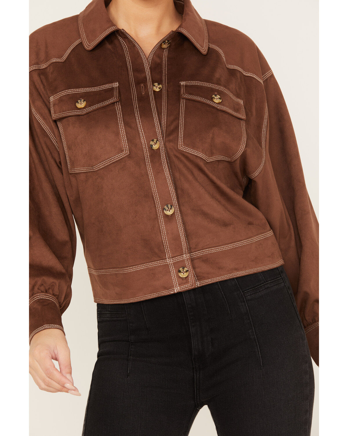 Image #3 - Shyanne Women's Faux Suede Trucker Jacket, Dark Brown, hi-res