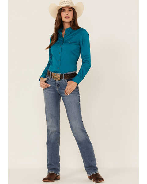 Image #2 - RANK 45® Women's Vented Performance Outdoor Long Sleeve Snap Western Shirt, Teal, hi-res