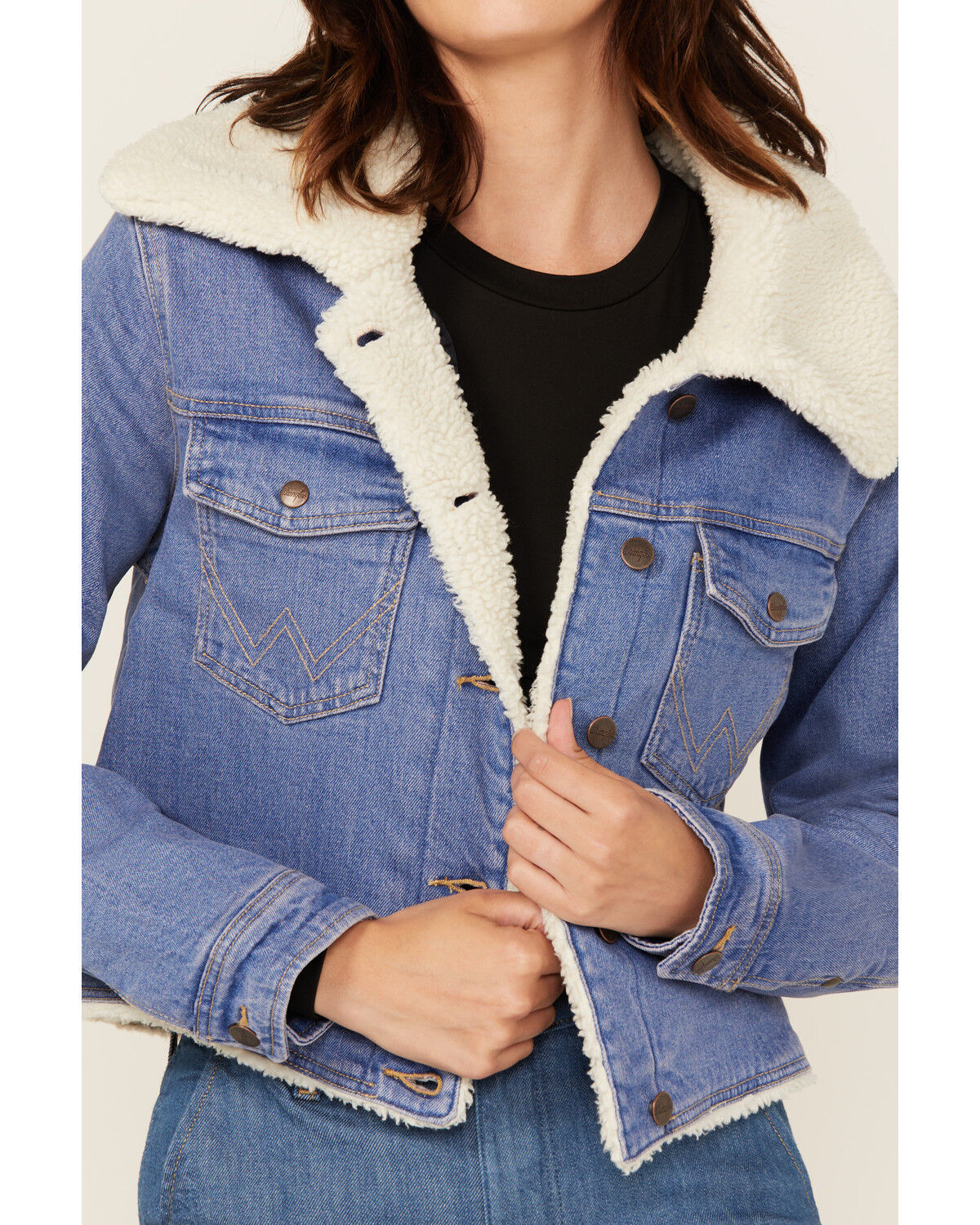 Image #2 - Wrangler Women's Medium Wash Sherpa Lined Denim Jacket, Medium Wash, hi-res