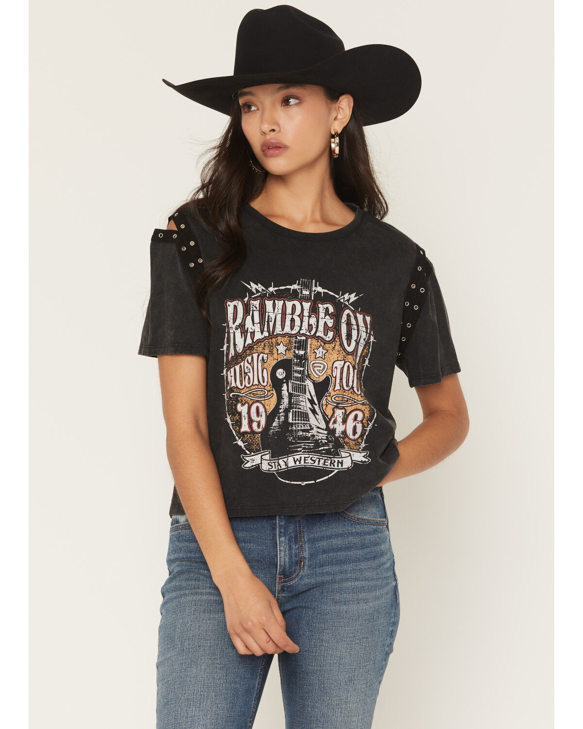 Image #1 - Rock & Roll Denim Women's Ramble On Short Sleeve Graphic Tee, Black, hi-res