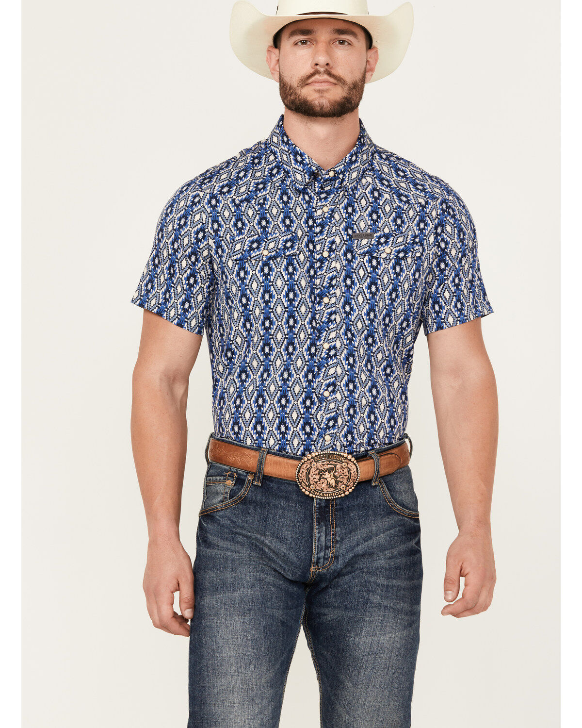 Image #1 - Panhandle Men's Southwestern Print Short Sleeve Snap Performance Western Shirt, , hi-res