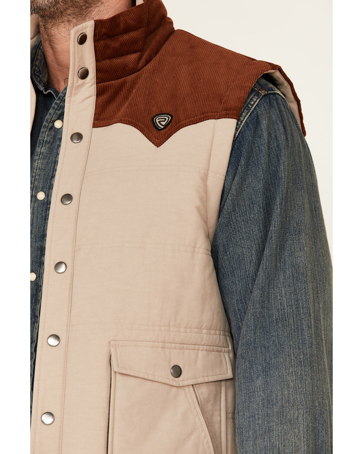 Image #3 - Rock & Roll Denim Men's Color-Block Quilted Poly-Fill Snap-Front Vest, Tan, hi-res