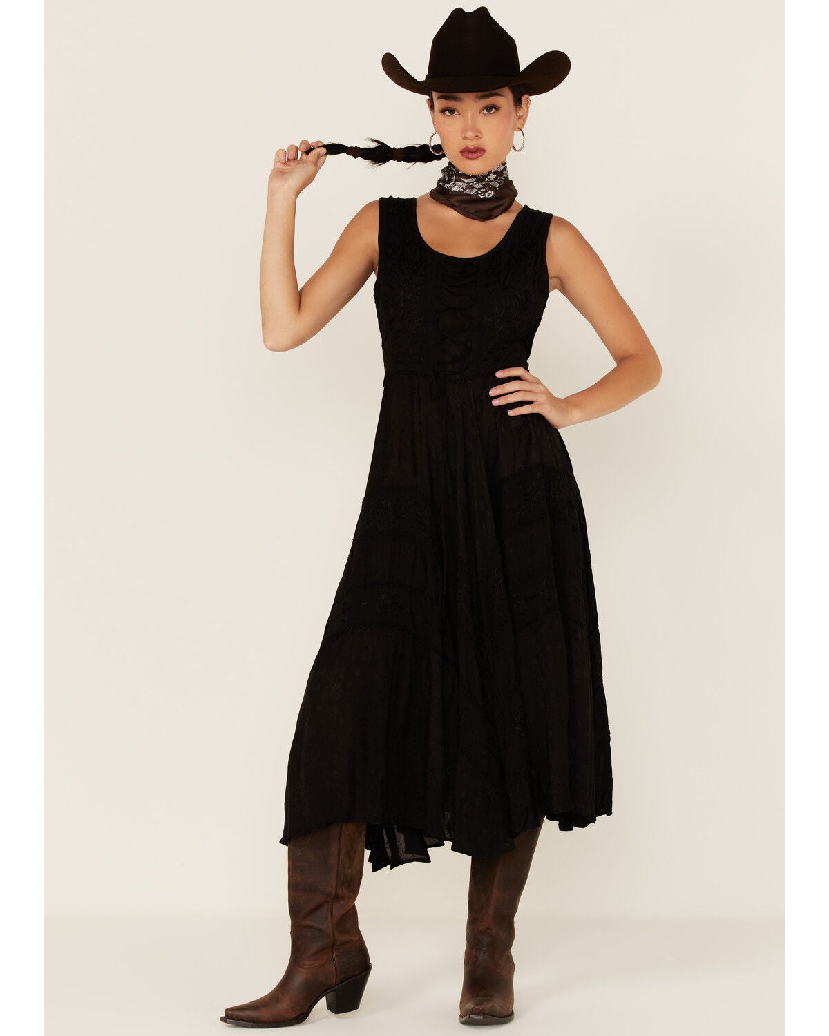 Scully Women's Lace-Up Jacquard Midi Dress, Black, hi-res