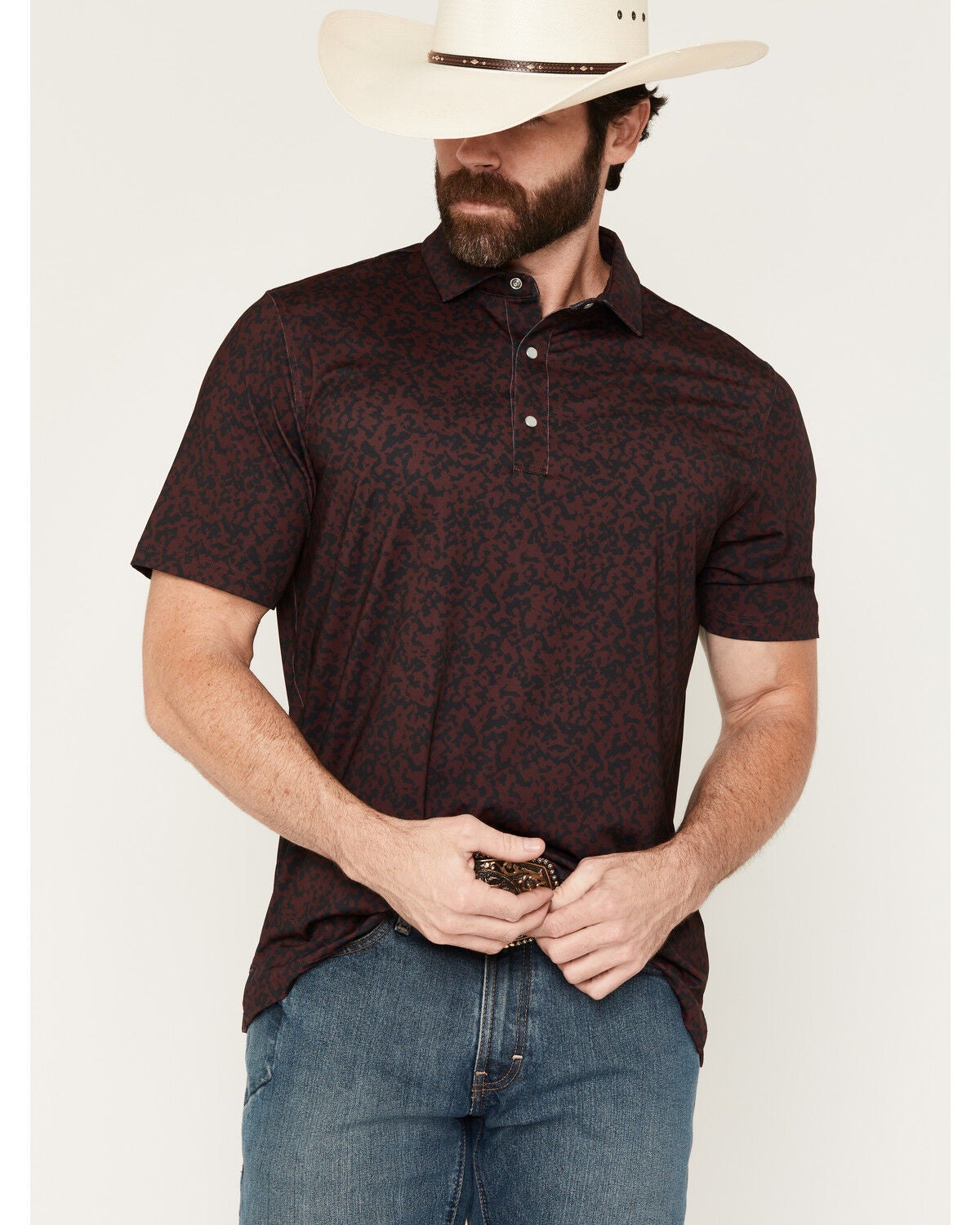Ferrell Men's Grant Camo Print Short Sleeve Snap Stretch Polo Shirt, Maroon, hi-res