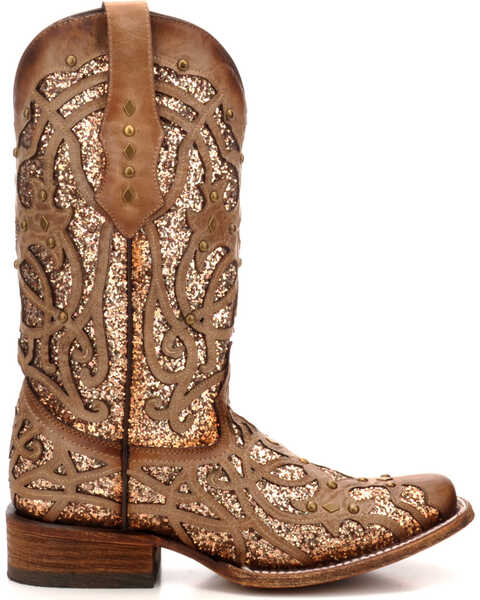 Image #3 - Corral Women's Orix Glitter Inlay & Studded Western Boots - Square Toe, Brown, hi-res