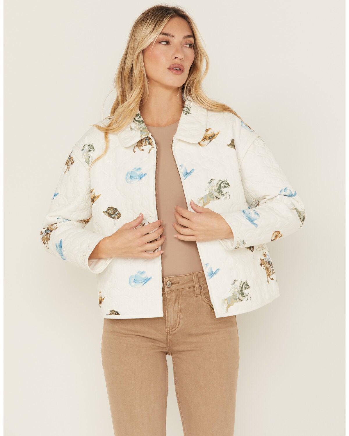 Blue B Women's Quilted Conversational Print Jacket, White, hi-res
