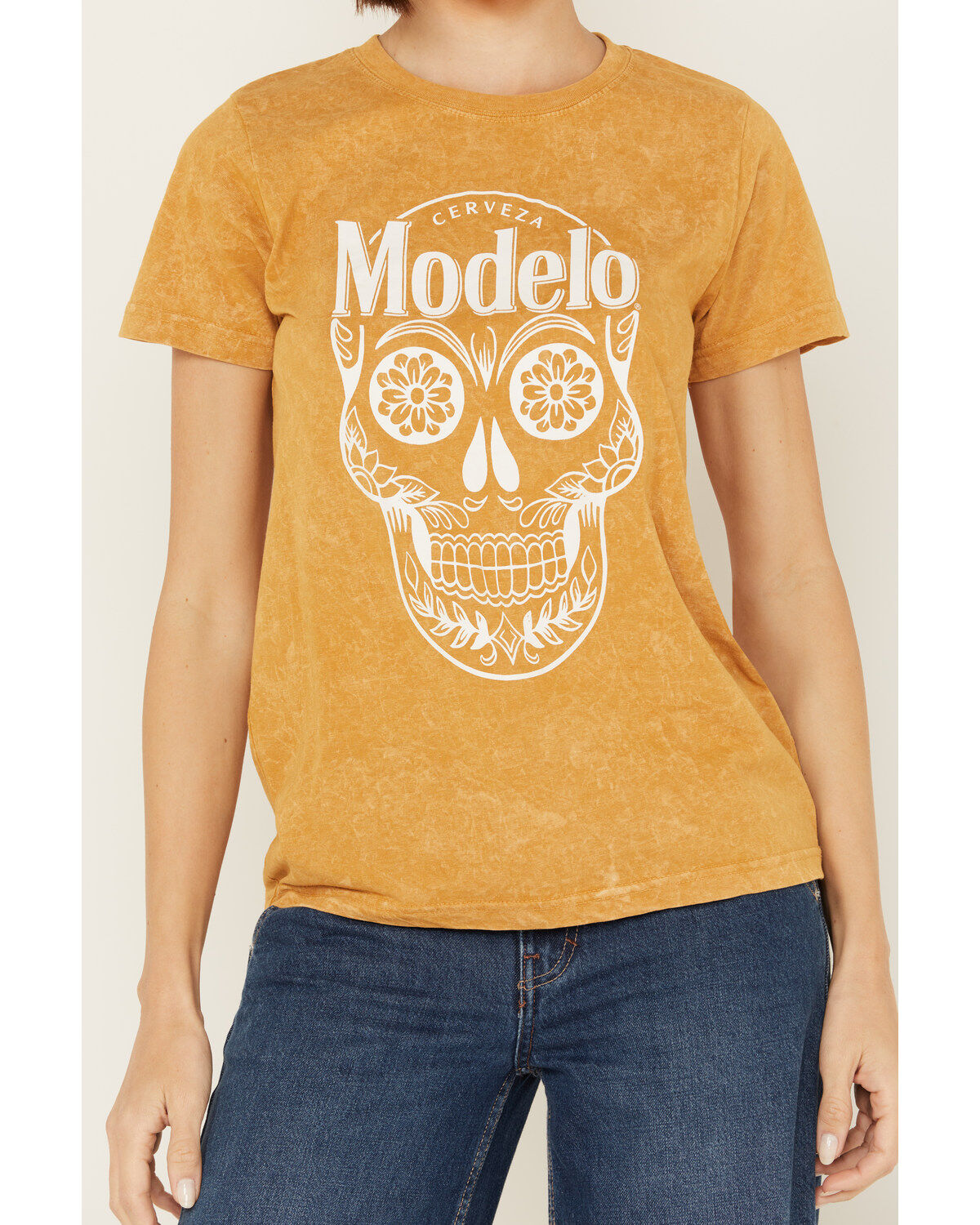 Image #3 - Modelo Women's Logo Skull Short Sleeve Graphic Tee, Mustard, hi-res