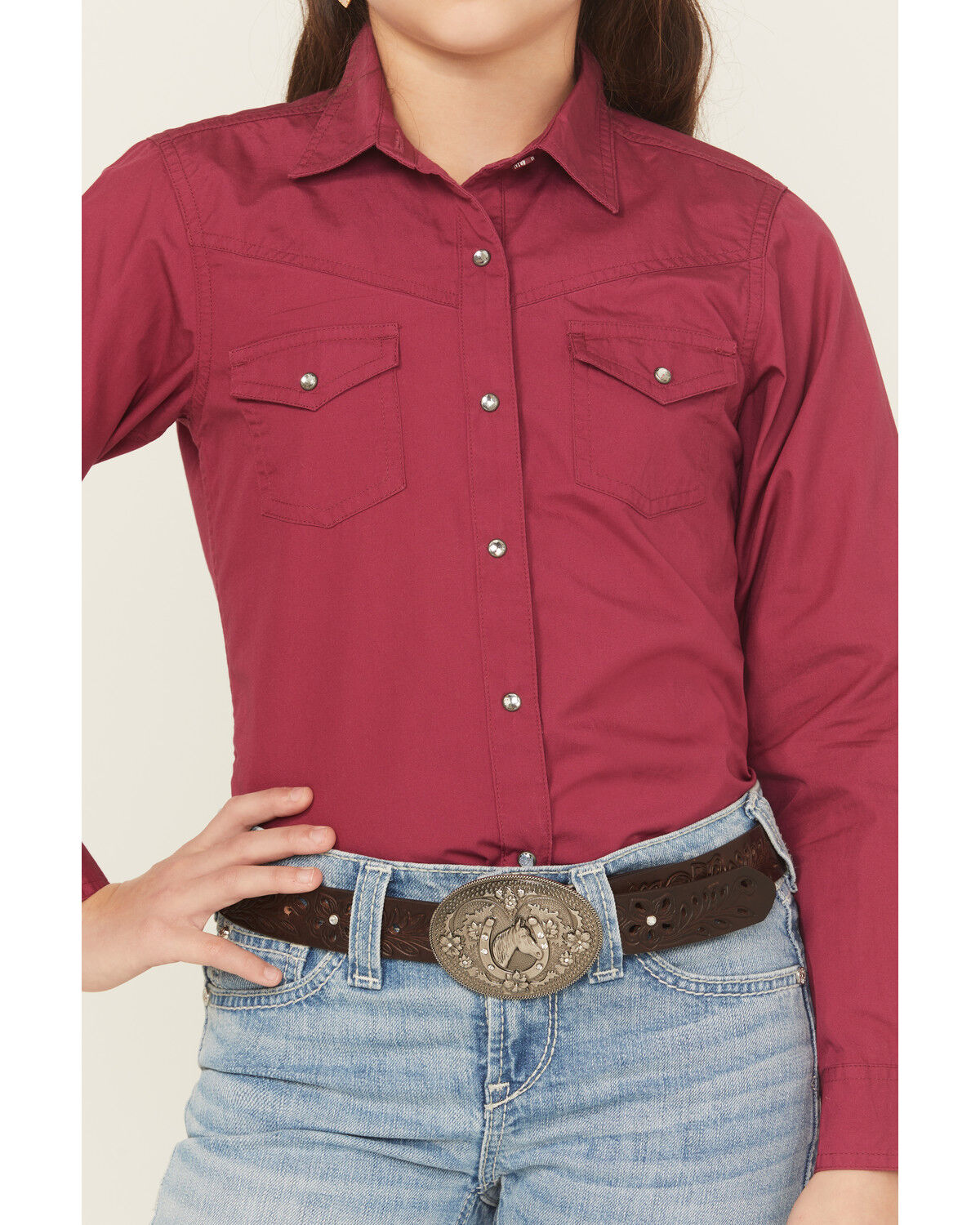 Image #3 - Ariat Girls' Shine Bright Solid Long Sleeve Rhinestone Snap Western Shirt, Maroon, hi-res