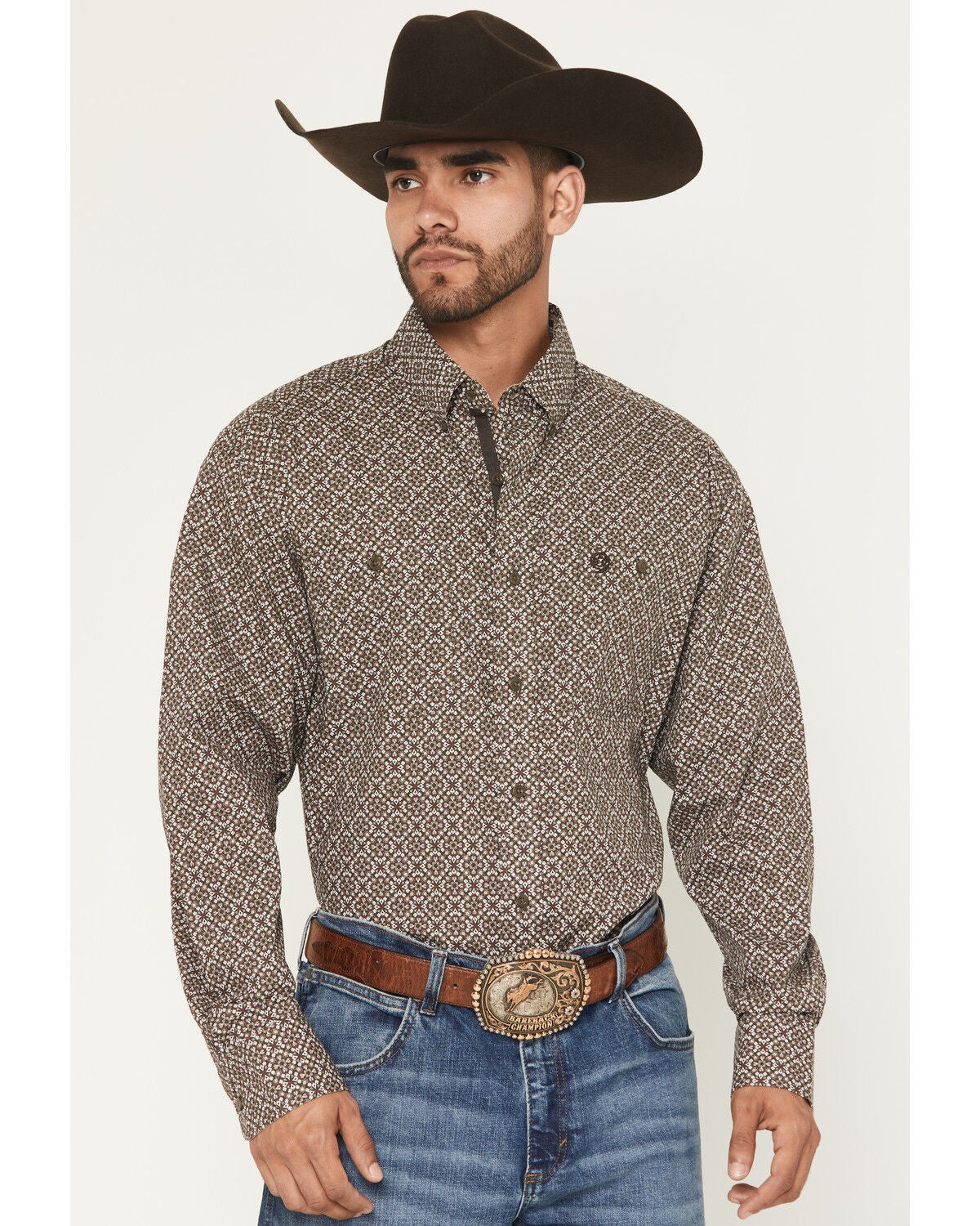 George Strait by Wrangler Men's Geo Print Long Sleeve Button-Down Stretch Western Shirt, Brown, hi-res