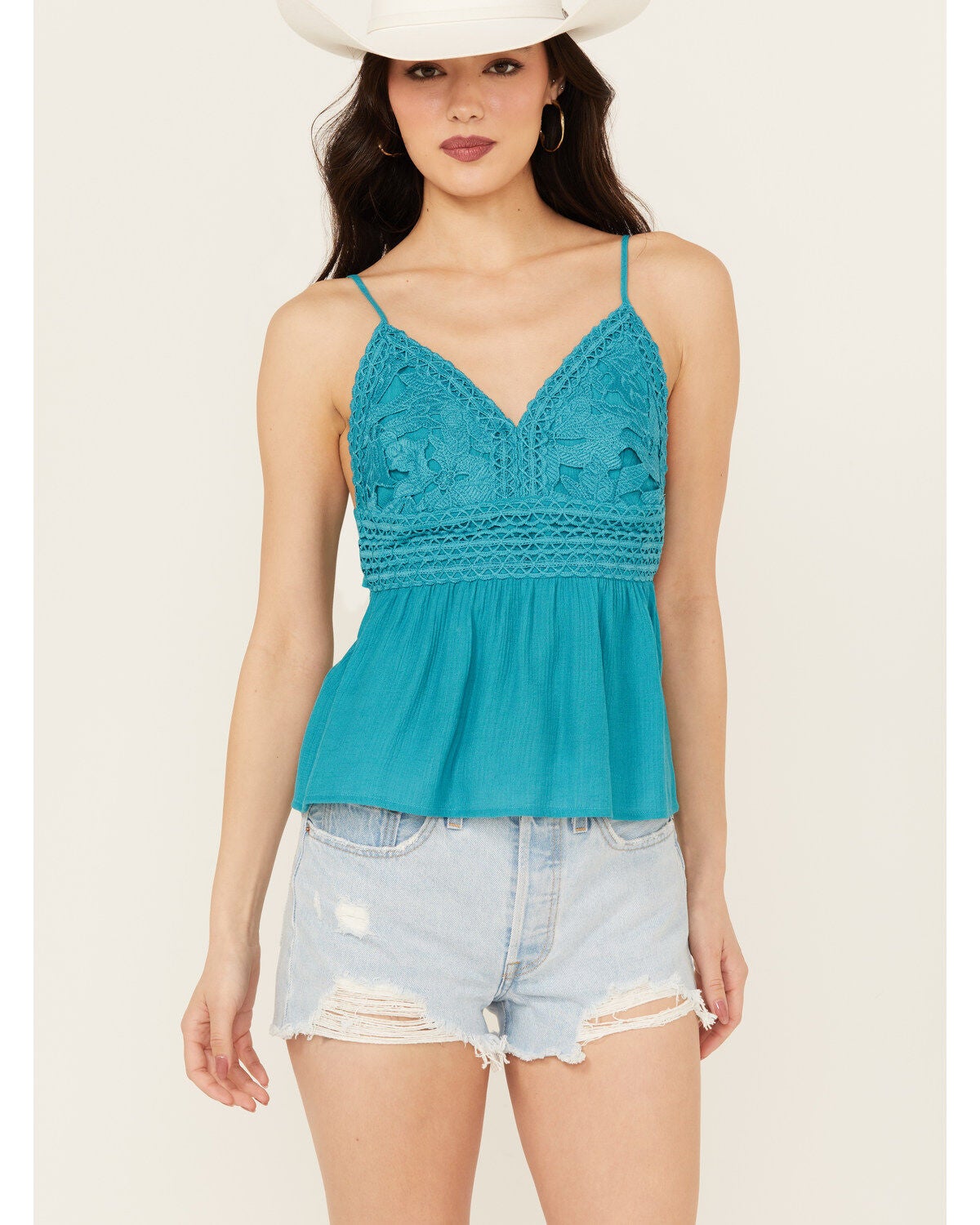 Shyanne Women's Lace Bustier Crinkle Top, Medium Blue, hi-res