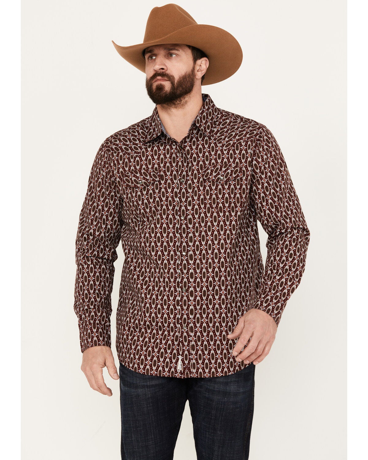 Moonshine Spirit&reg; Men's Gypsy Print Long Sleeve Western Snap Shirt, Burgundy, hi-res