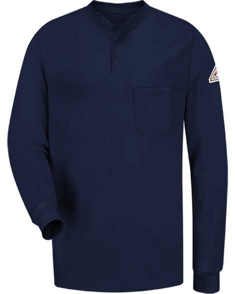 Bulwark Men's Navy Flame Resistant Tagless Henley Shirt , Navy, hi-res