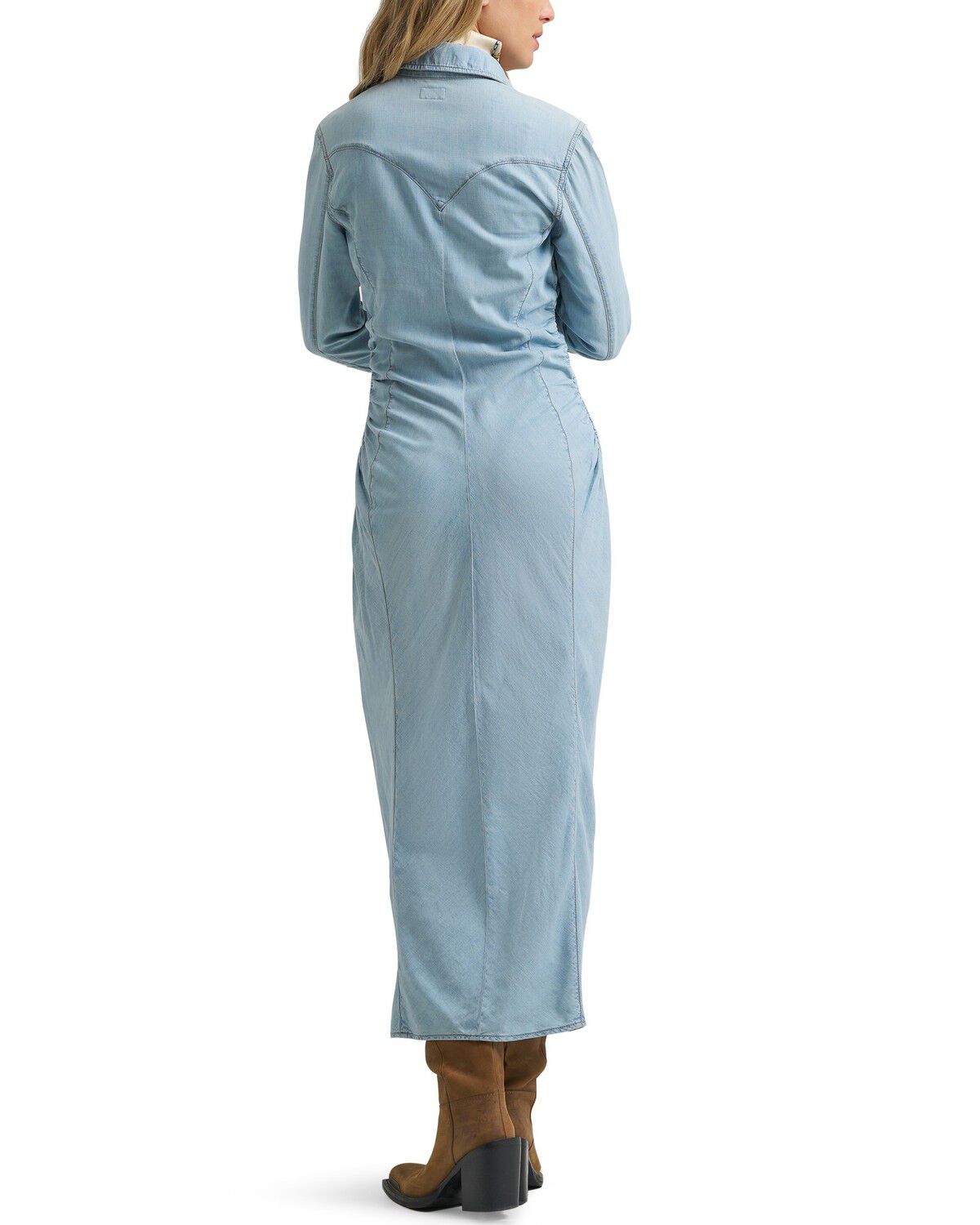 Image #2 - Wrangler Women's Light Wash Long Sleeve Cinched Waist Maxi Dress, Light Wash, hi-res