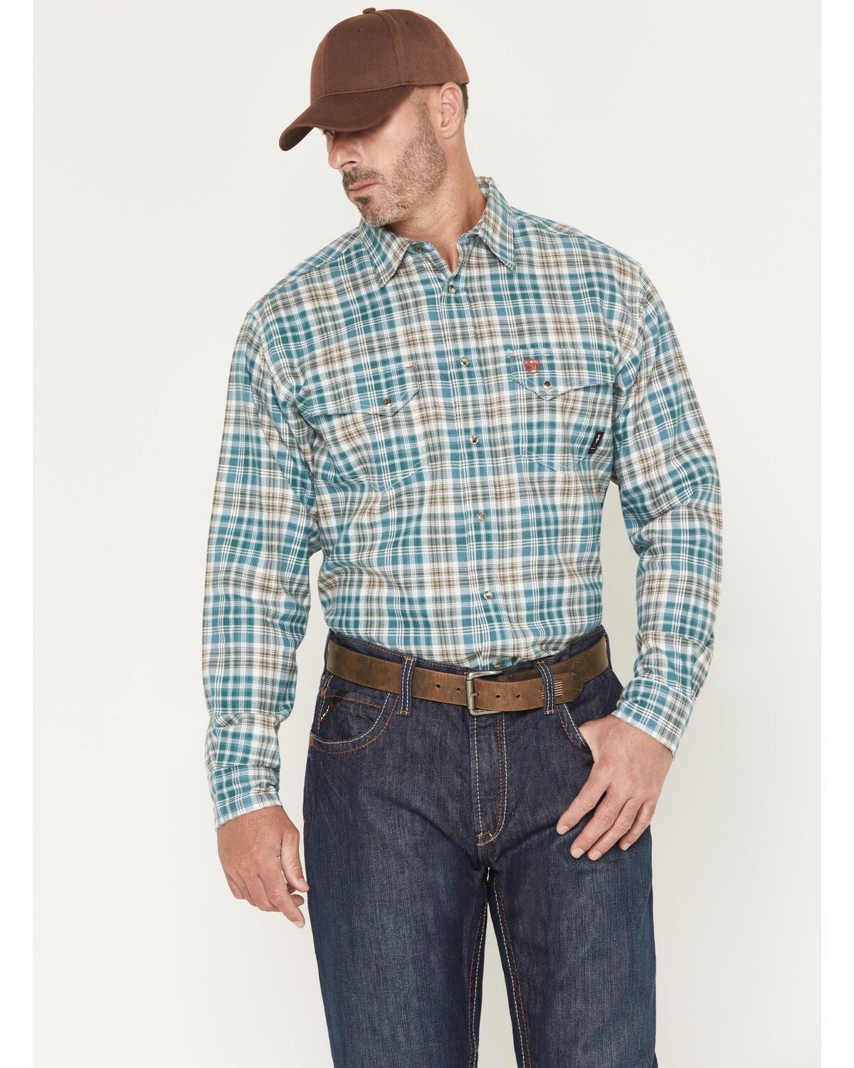 Ariat Men's FR Cobb Plaid Print Long Sleeve Snap Work Shirt, Teal, hi-res