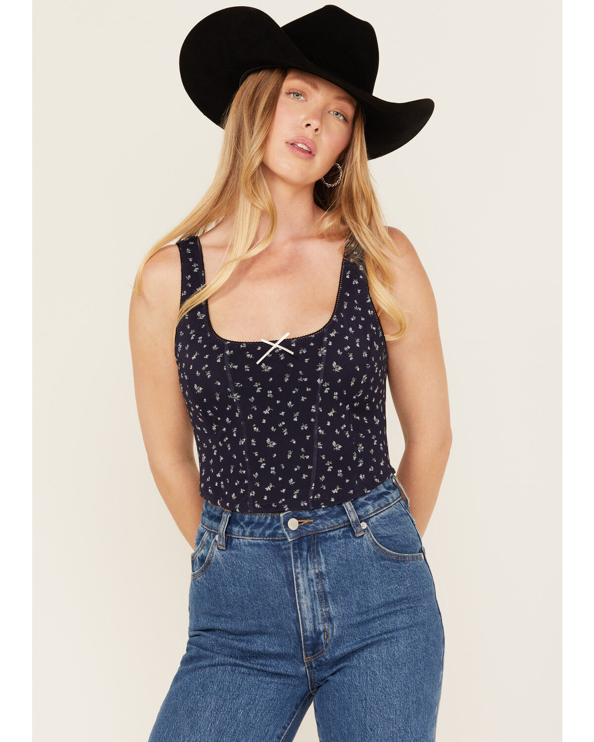 Image #1 - Originality Women's Floral Print Eyelet Cropped Corset Top, Navy, hi-res