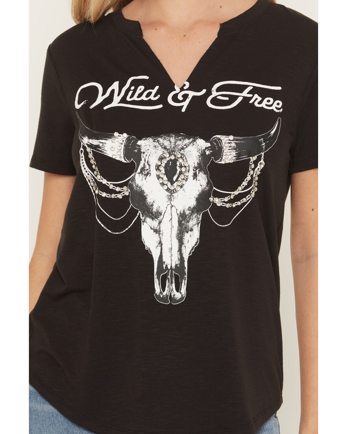 Image #3 - Blended Women's Steer Head Rhinestone Short Sleeve Graphic Tee, Black, hi-res